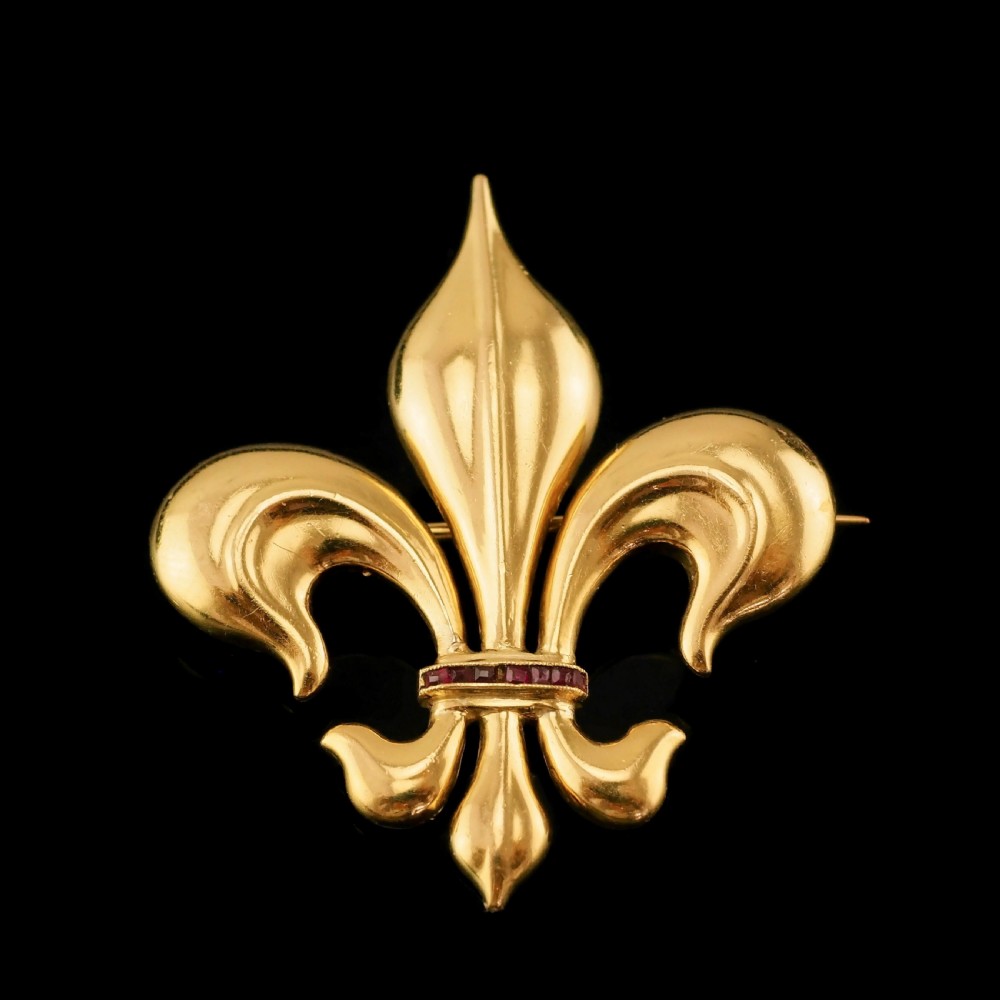 Antique Victorian Large 18K Gold & Ruby Fleur De Lis Brooch - c.1900 View V