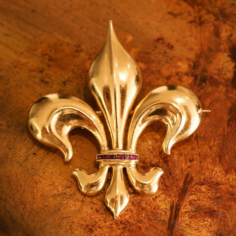 Antique Victorian Large 18K Gold & Ruby Fleur De Lis Brooch - c.1900 View XV