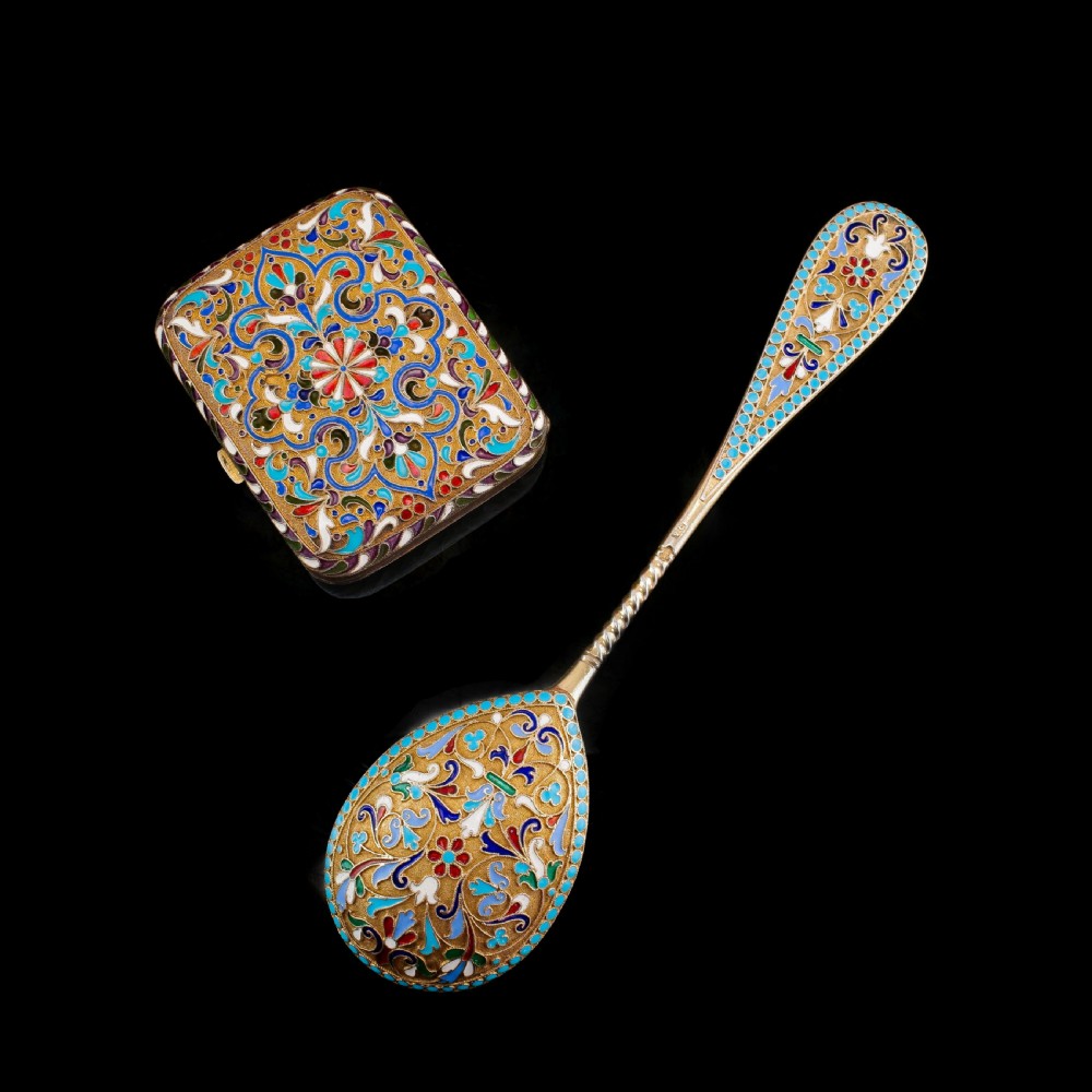Antique Imperial Russian Large Silver Cloisonne Enamel Serving Spoon - c.1880 View II