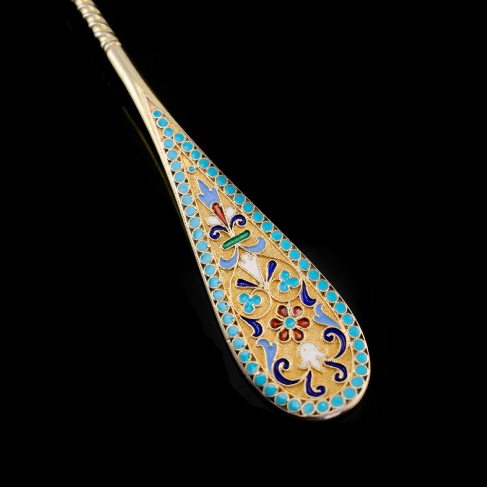 Antique Imperial Russian Large Silver Cloisonne Enamel Serving Spoon - c.1880 View IV