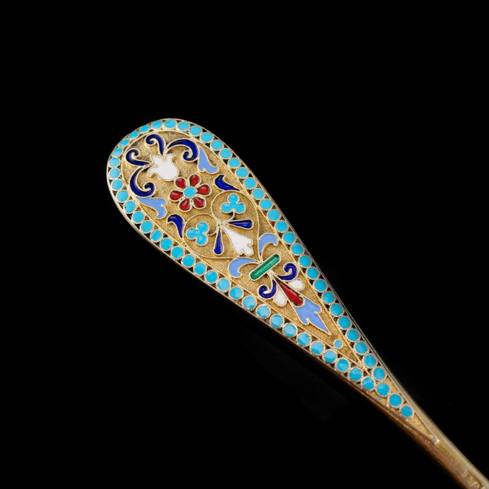 Antique Imperial Russian Large Silver Cloisonne Enamel Serving Spoon - c.1880 View V