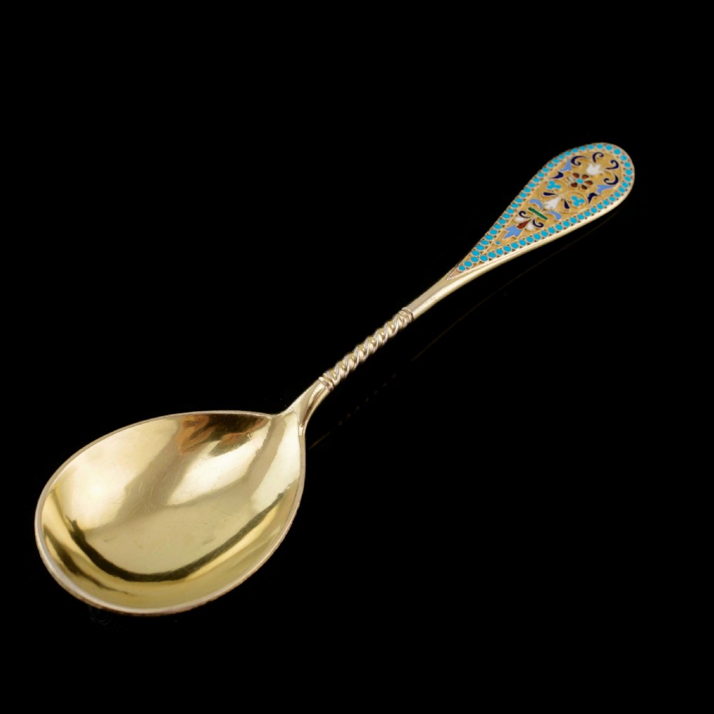 Antique Imperial Russian Large Silver Cloisonne Enamel Serving Spoon - c.1880 View VIII