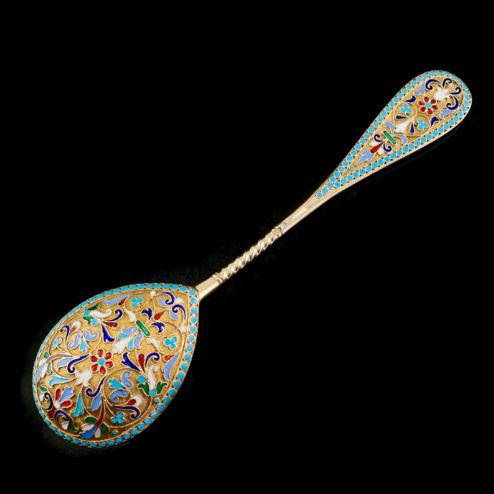 Antique Imperial Russian Large Silver Cloisonne Enamel Serving Spoon - c.1880 View X