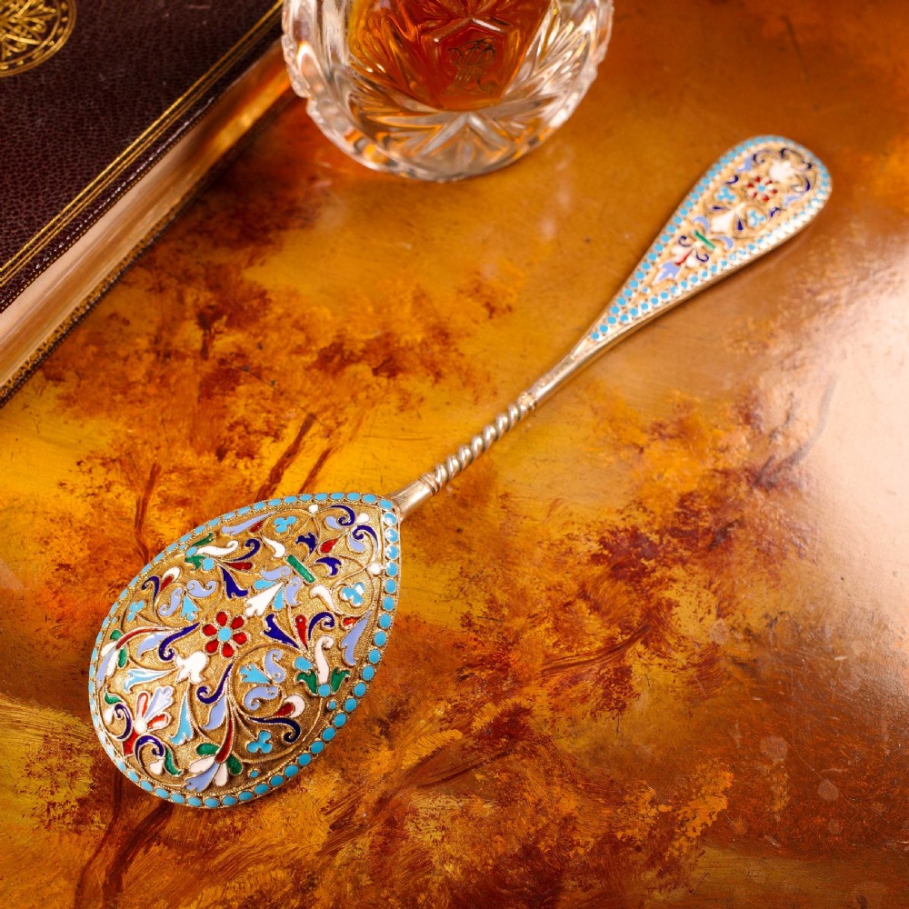 Antique Imperial Russian Large Silver Cloisonne Enamel Serving Spoon - c.1880 View XI