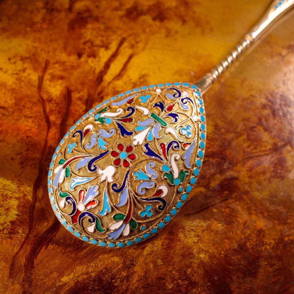 Antique Imperial Russian Large Silver Cloisonne Enamel Serving Spoon - c.1880 View XII