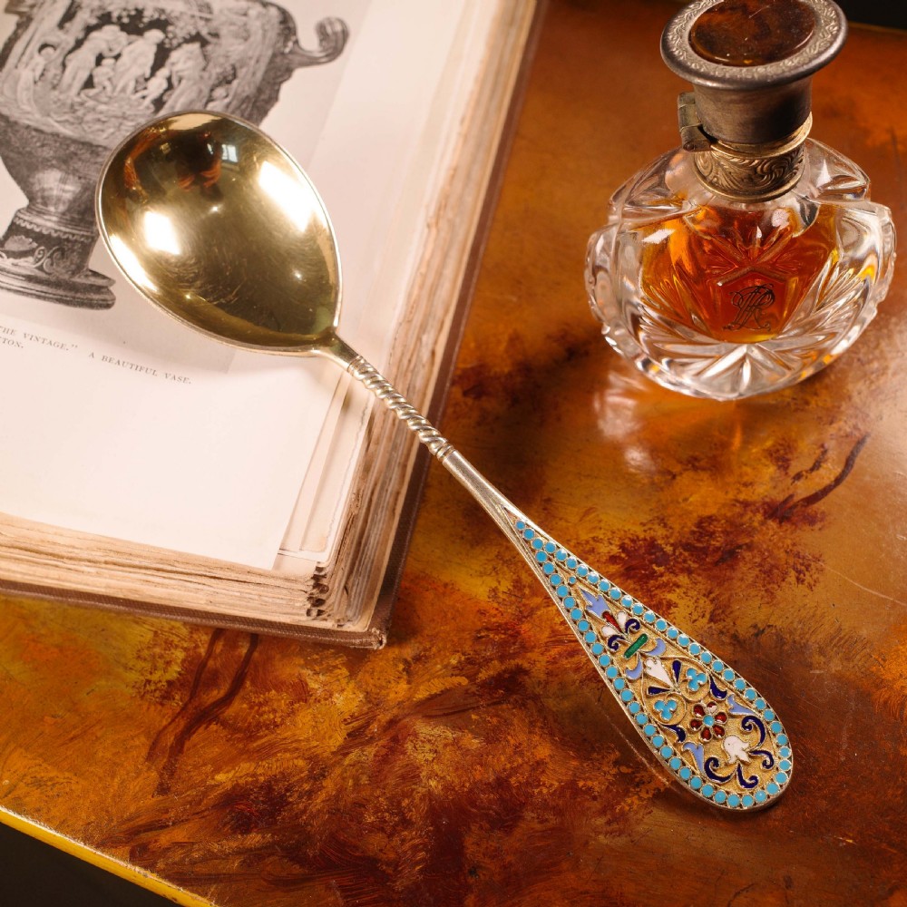 Antique Imperial Russian Large Silver Cloisonne Enamel Serving Spoon - c.1880 View XIII