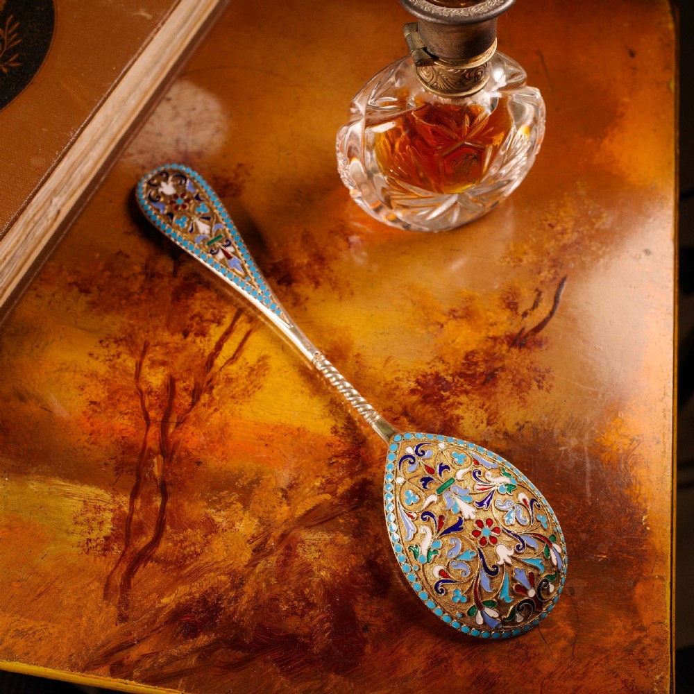 Antique Imperial Russian Large Silver Cloisonne Enamel Serving Spoon - c.1880 View XIV