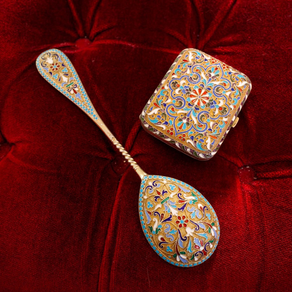 Antique Imperial Russian Large Silver Cloisonne Enamel Serving Spoon - c.1880 View XV