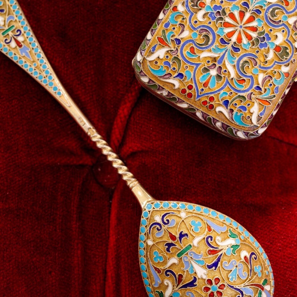 Antique Imperial Russian Large Silver Cloisonne Enamel Serving Spoon - c.1880 View XVI