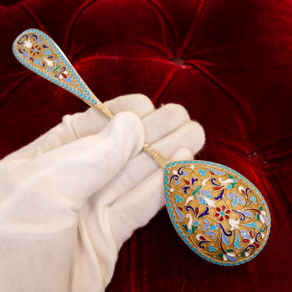 Antique Imperial Russian Large Silver Cloisonne Enamel Serving Spoon - c.1880 View XVII