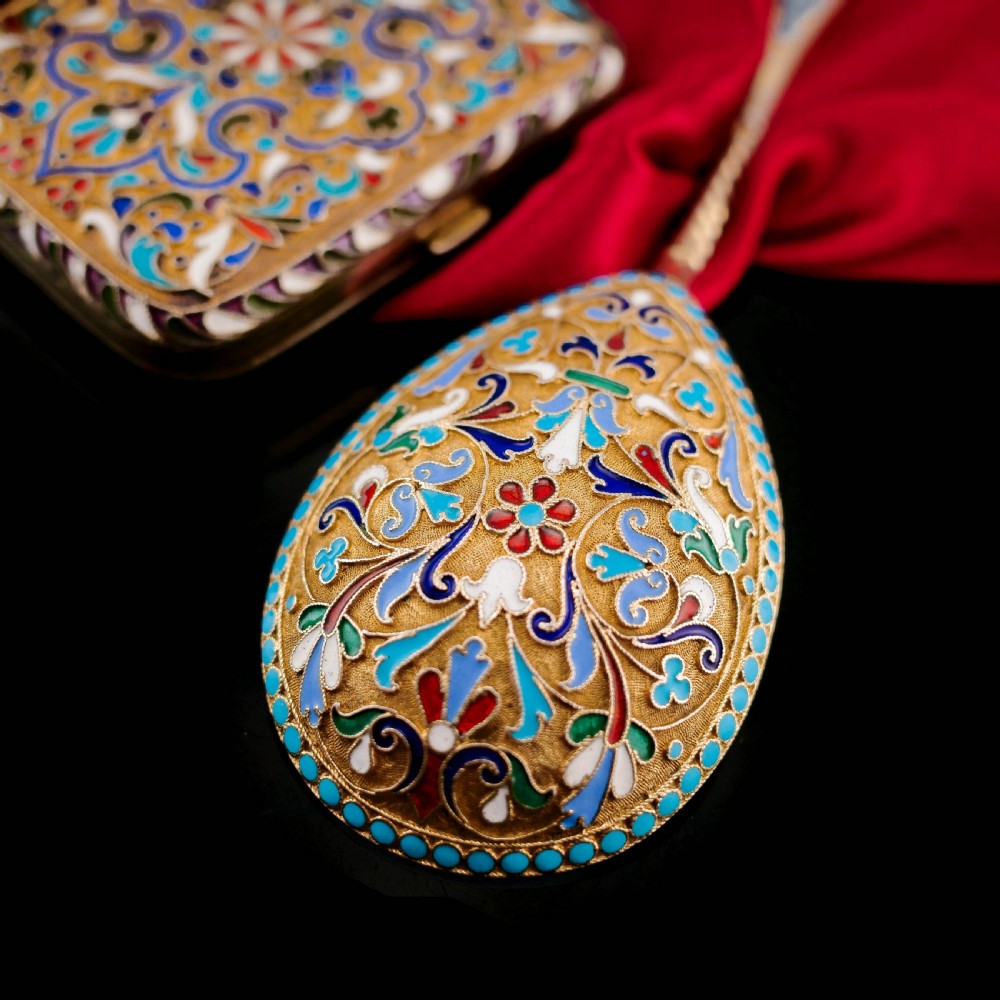 Antique Imperial Russian Large Silver Cloisonne Enamel Serving Spoon - c.1880 View XVIII