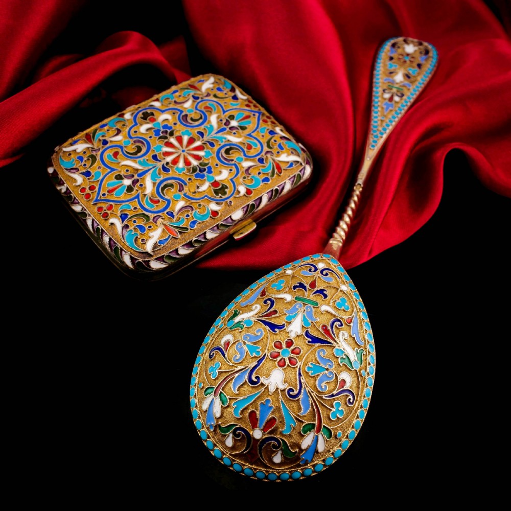 Antique Imperial Russian Large Silver Cloisonne Enamel Serving Spoon - c.1880 View XIX