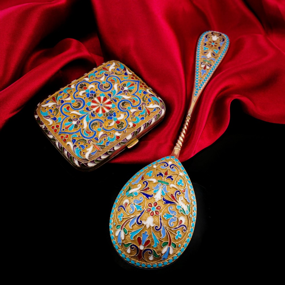 Antique Imperial Russian Large Silver Cloisonne Enamel Serving Spoon - c.1880 View XX