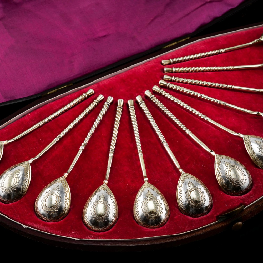 Antique Imperial Russian Solid Silver Spoons, Parcel Gilt - Moscow c.1890 View III