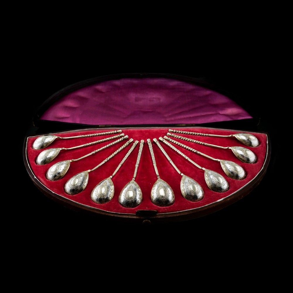 Antique Imperial Russian Solid Silver Spoons, Parcel Gilt - Moscow c.1890 View XII