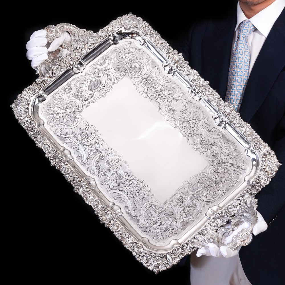 Large Antique Solid Silver Georgian Tray / Salver (70cm) with Chased Border - William Marshall, 1828