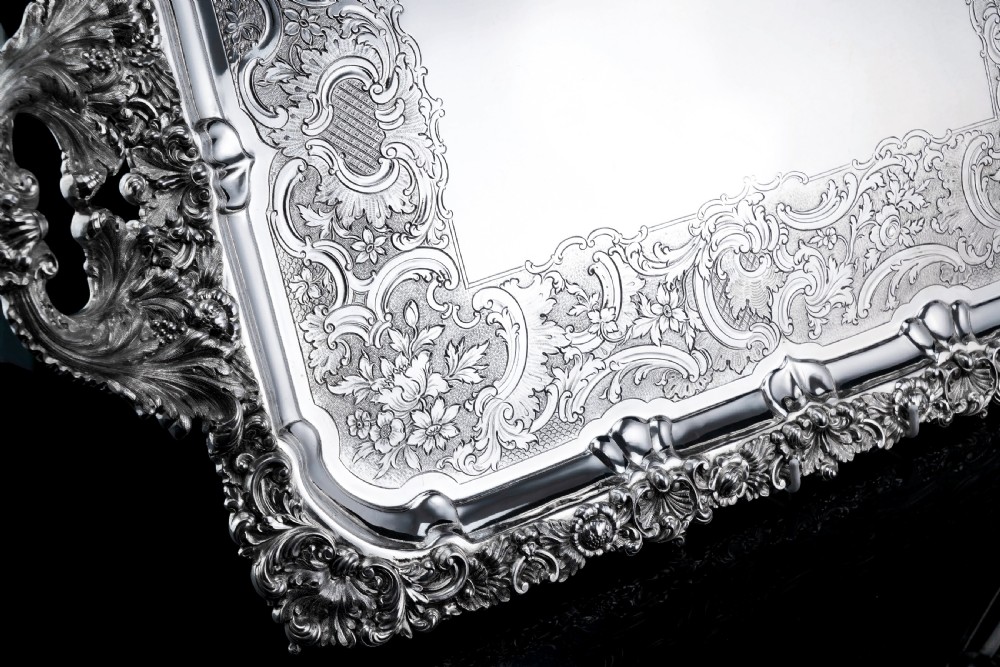 Large Antique Solid Silver Georgian Tray / Salver (70cm) with Chased Border - William Marshall, 1828 View XXIV