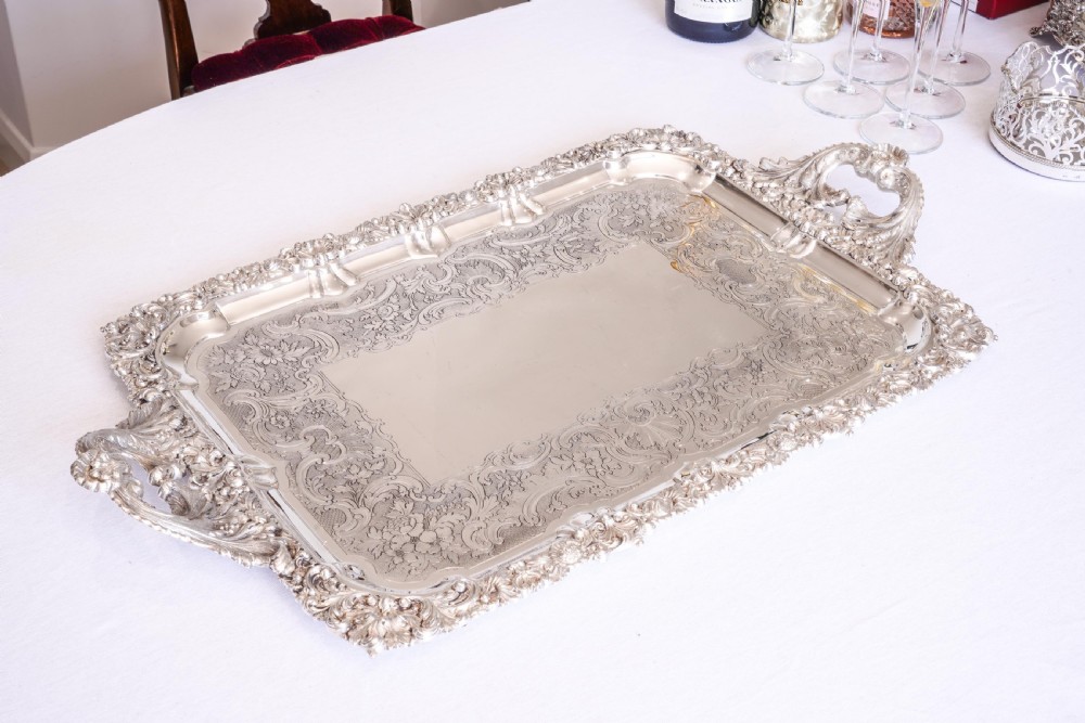 Large Antique Solid Silver Georgian Tray / Salver (70cm) with Chased Border - William Marshall, 1828 View XXVII
