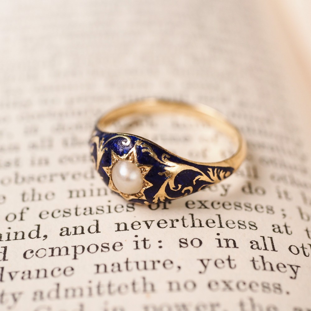 A Fabulous Antique Victorian 18K Gold Enamel & Pearl Ring with Scrolled Decorations - c.1880