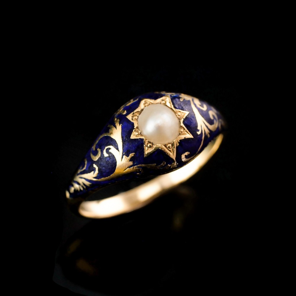 A Fabulous Antique Victorian 18K Gold Enamel & Pearl Ring with Scrolled Decorations - c.1880 View II