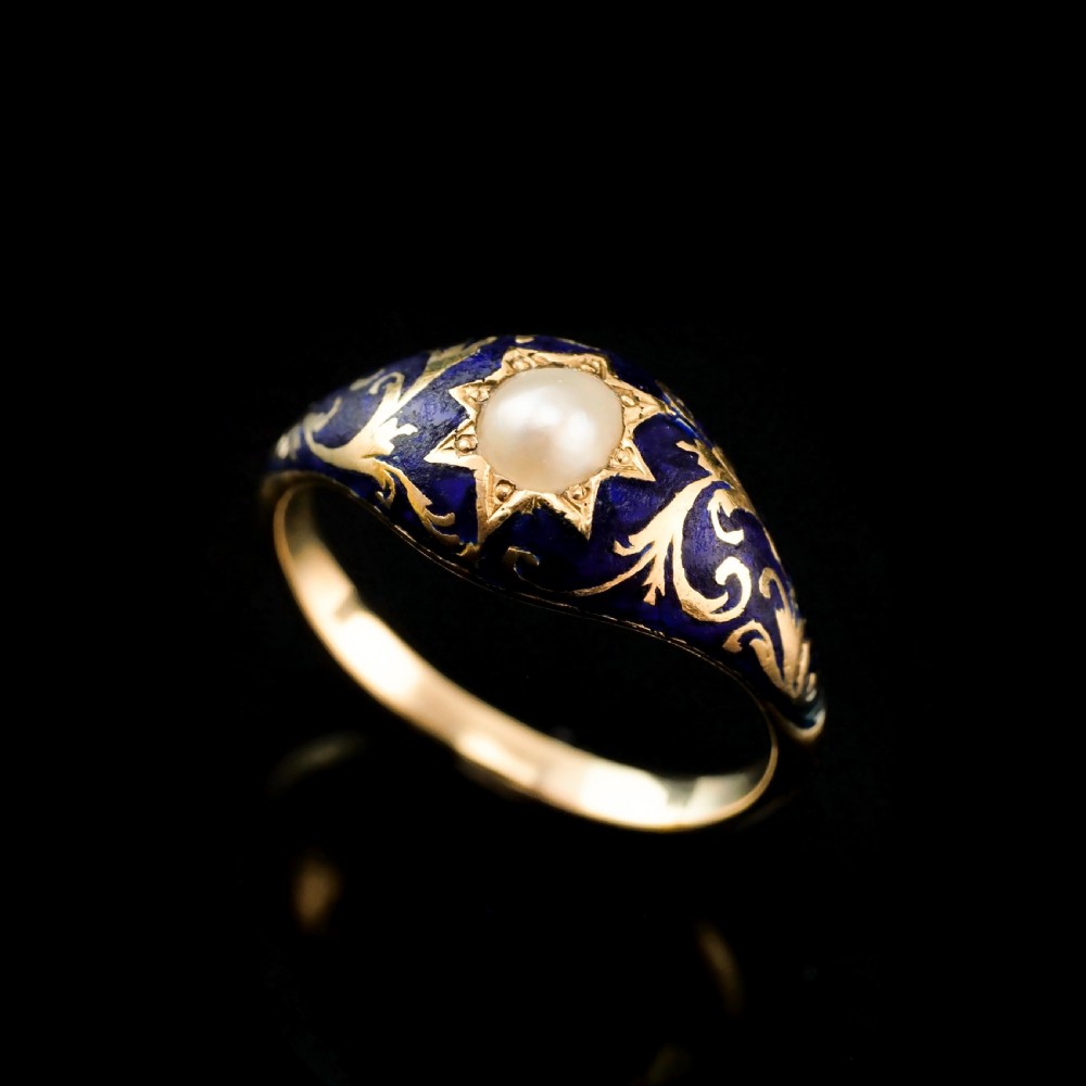 A Fabulous Antique Victorian 18K Gold Enamel & Pearl Ring with Scrolled Decorations - c.1880 View III