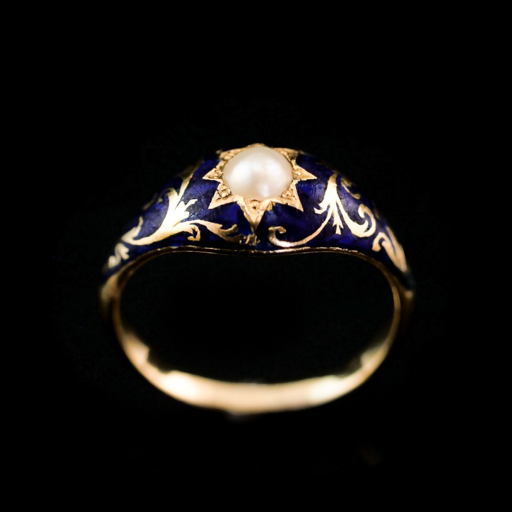 A Fabulous Antique Victorian 18K Gold Enamel & Pearl Ring with Scrolled Decorations - c.1880 View V