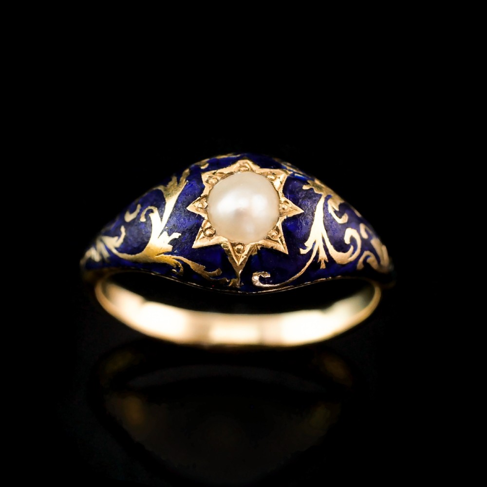 A Fabulous Antique Victorian 18K Gold Enamel & Pearl Ring with Scrolled Decorations - c.1880 View VI