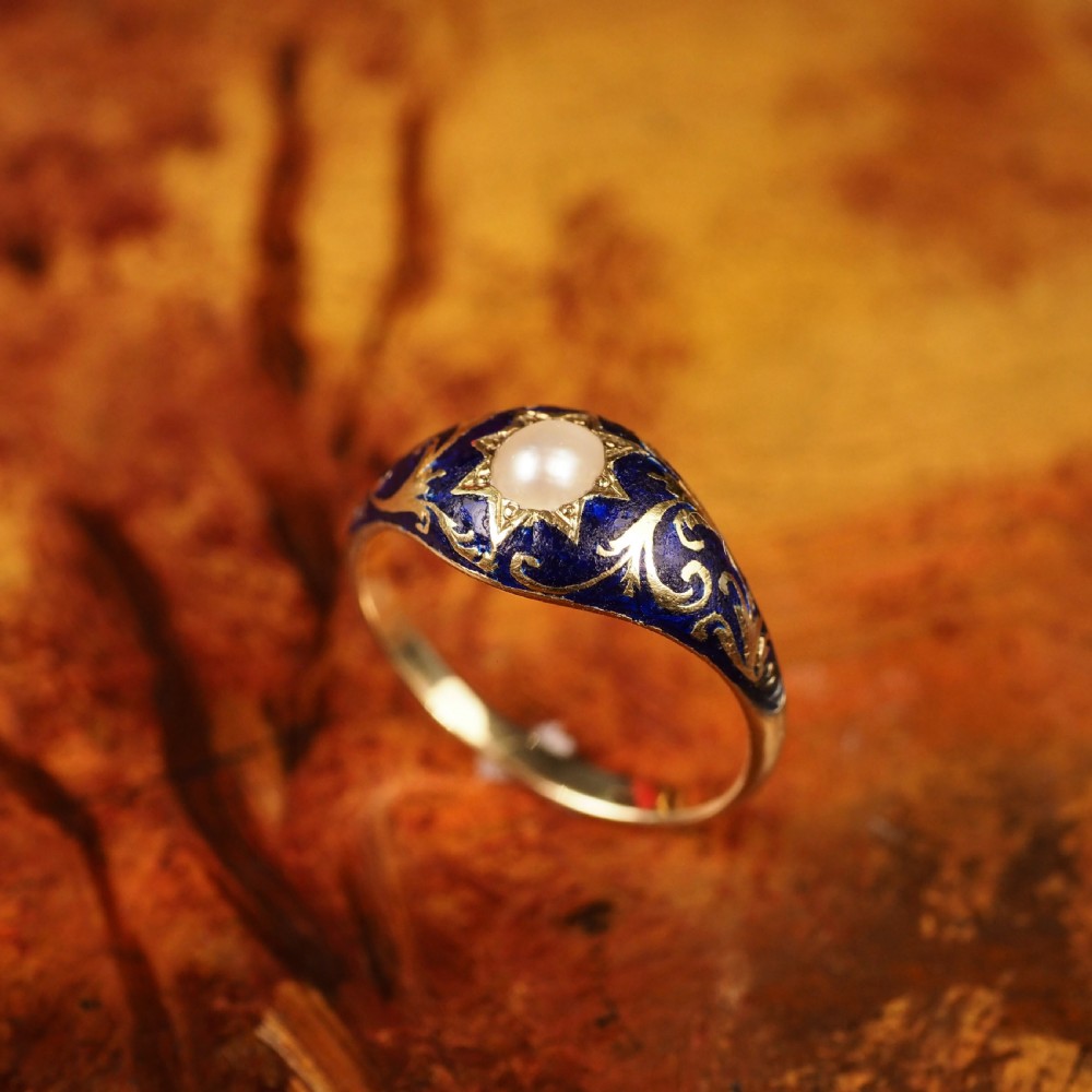 A Fabulous Antique Victorian 18K Gold Enamel & Pearl Ring with Scrolled Decorations - c.1880 View VIII