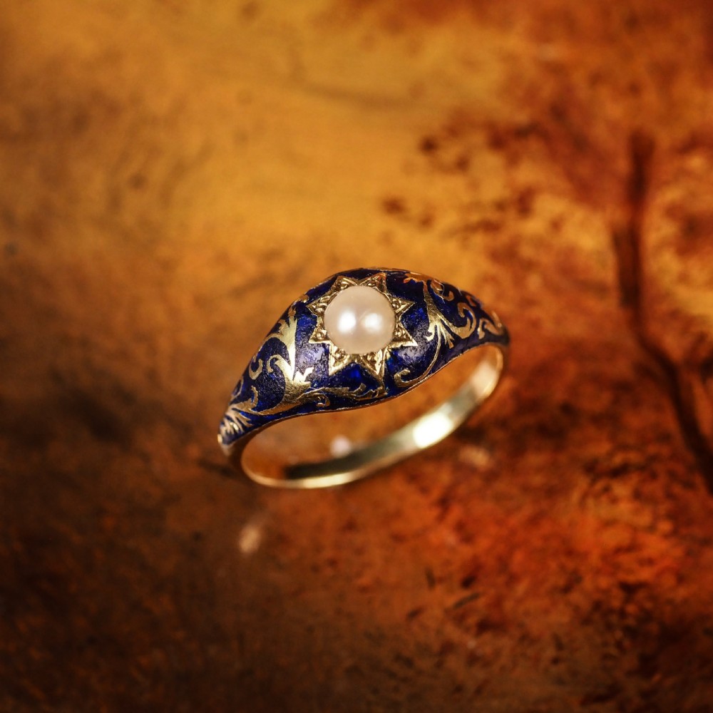 A Fabulous Antique Victorian 18K Gold Enamel & Pearl Ring with Scrolled Decorations - c.1880 View X