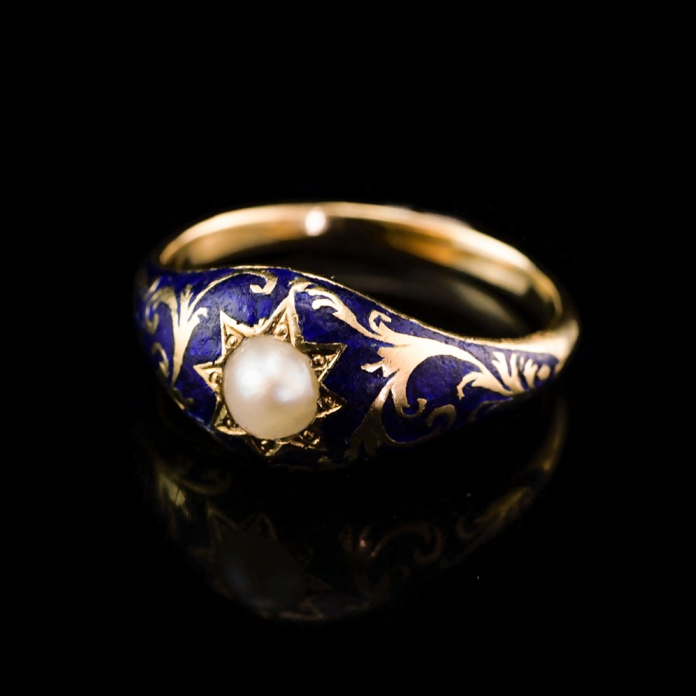 A Fabulous Antique Victorian 18K Gold Enamel & Pearl Ring with Scrolled Decorations - c.1880 View XII