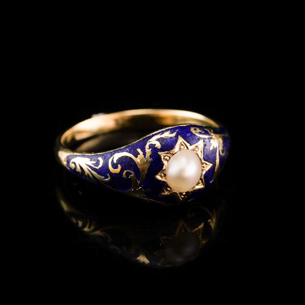 A Fabulous Antique Victorian 18K Gold Enamel & Pearl Ring with Scrolled Decorations - c.1880 View XIII