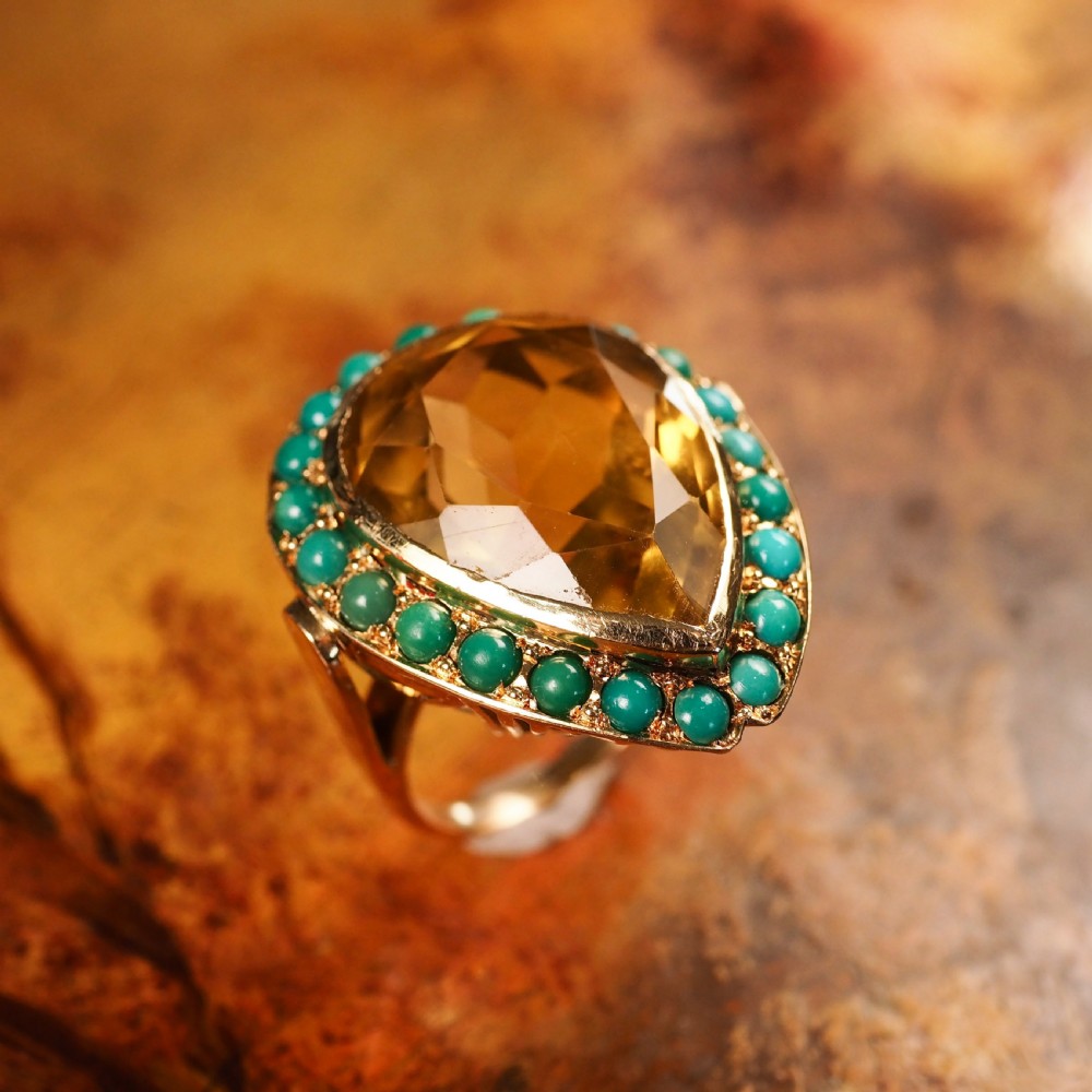 Huge Citrine (~17CT) and Turquoise 18K Gold Ring Pear Cut View XI