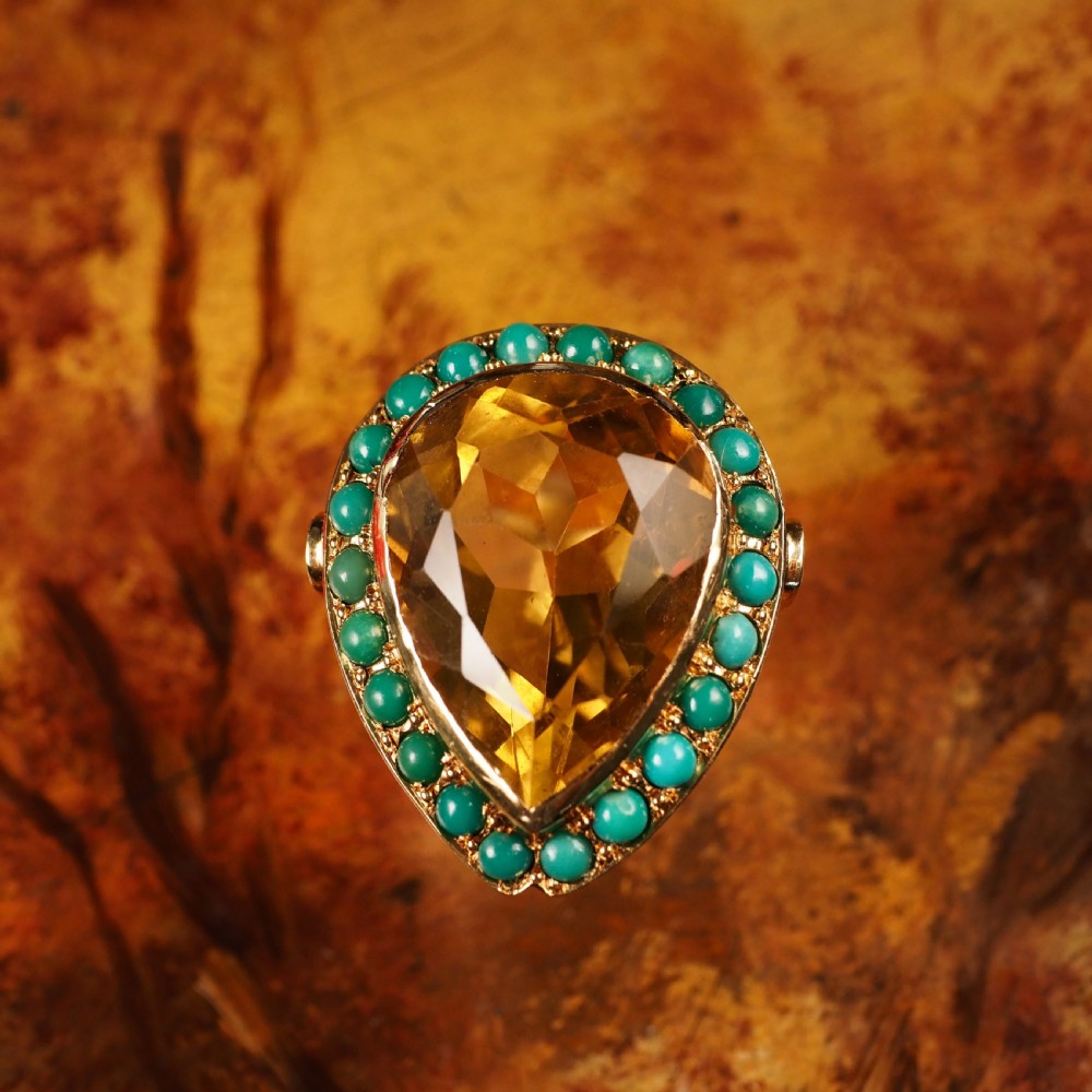 Huge Citrine (~17CT) and Turquoise 18K Gold Ring Pear Cut View XII