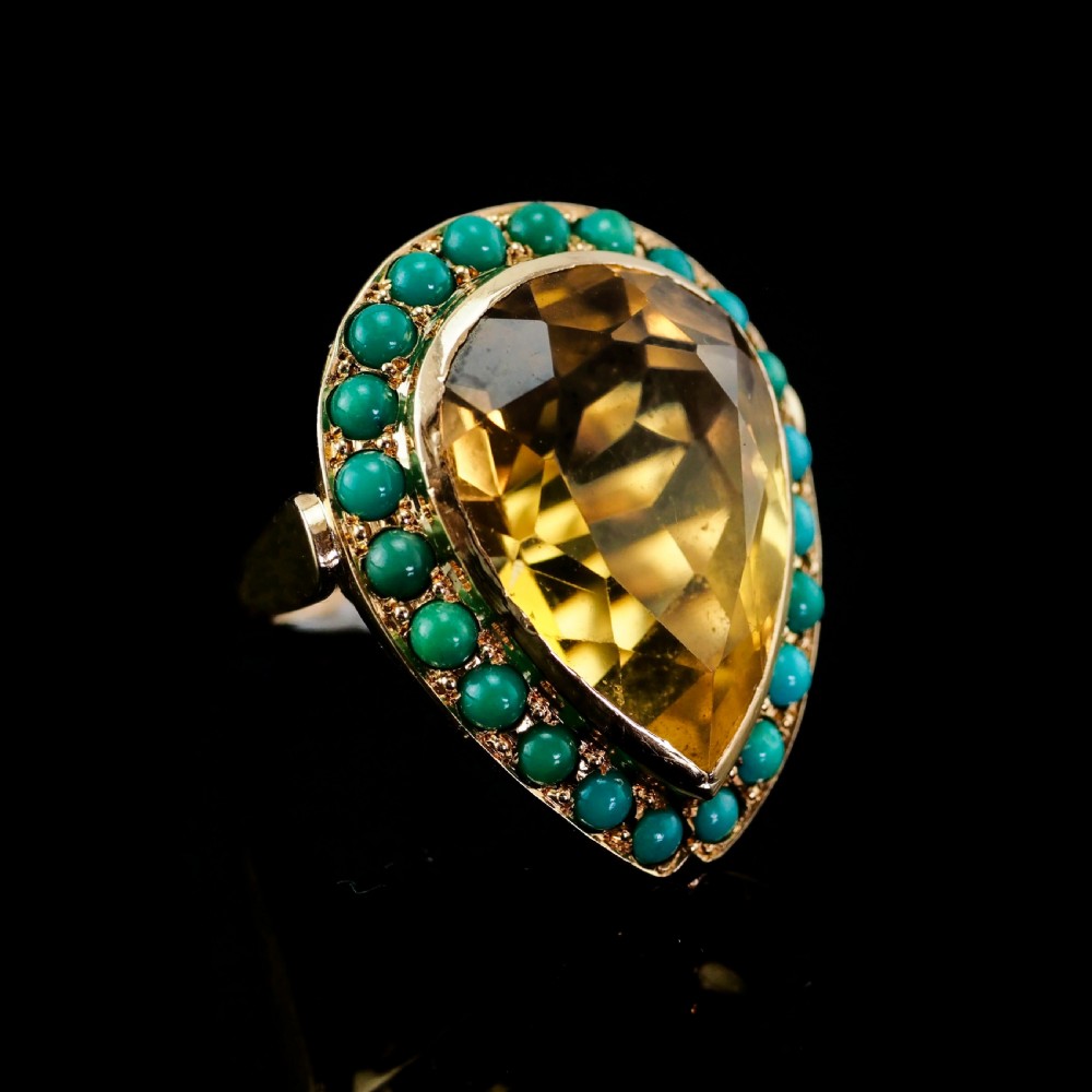 Huge Citrine (~17CT) and Turquoise 18K Gold Ring Pear Cut View XIII