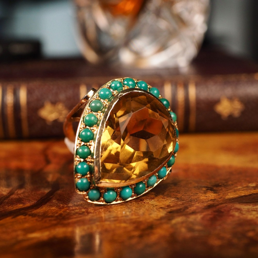 Huge Citrine (~17CT) and Turquoise 18K Gold Ring Pear Cut View XIV