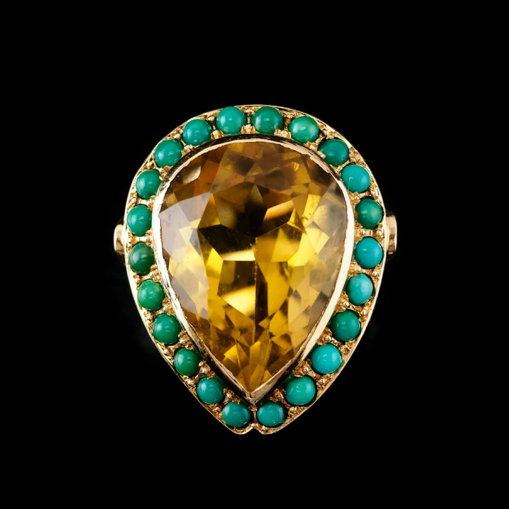 Huge Citrine (~17CT) and Turquoise 18K Gold Ring Pear Cut View XVI