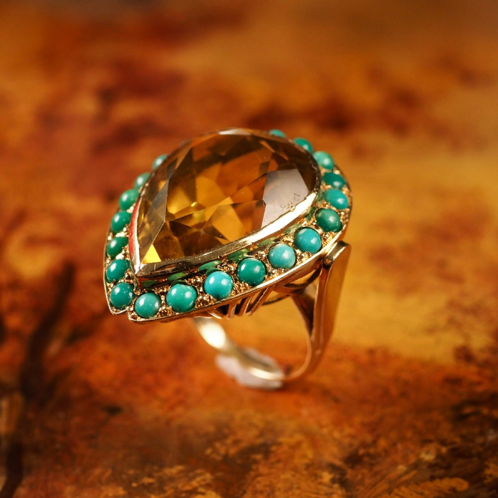Huge Citrine (~17CT) and Turquoise 18K Gold Ring Pear Cut View XVII