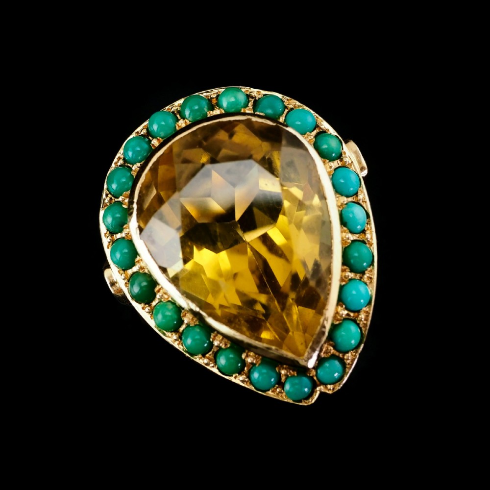 Huge Citrine (~17CT) and Turquoise 18K Gold Ring Pear Cut View XIX