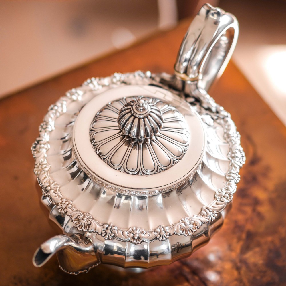Antique Georgian Solid Silver Teapot Fluted Design by John Bridge (Rundell, Bridge & Rundell) 1827 - Top Maker View XXV