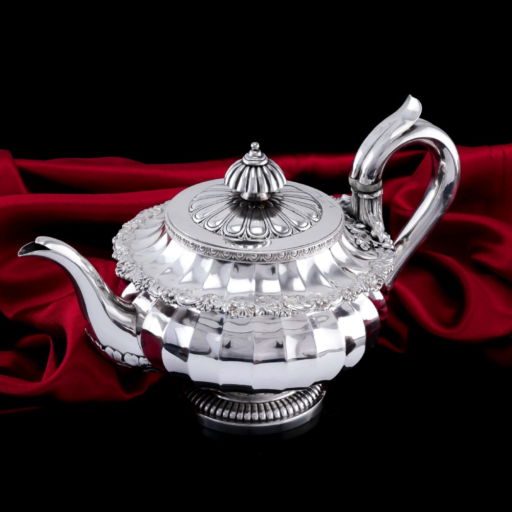 Antique Georgian Solid Silver Teapot Fluted Design by John Bridge (Rundell, Bridge & Rundell) 1827 - Top Maker View XXVIII