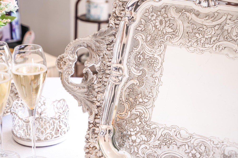 Large Antique Solid Silver Georgian Tray / Salver (70cm) With Chased Border - William Marshall, 1828 View V