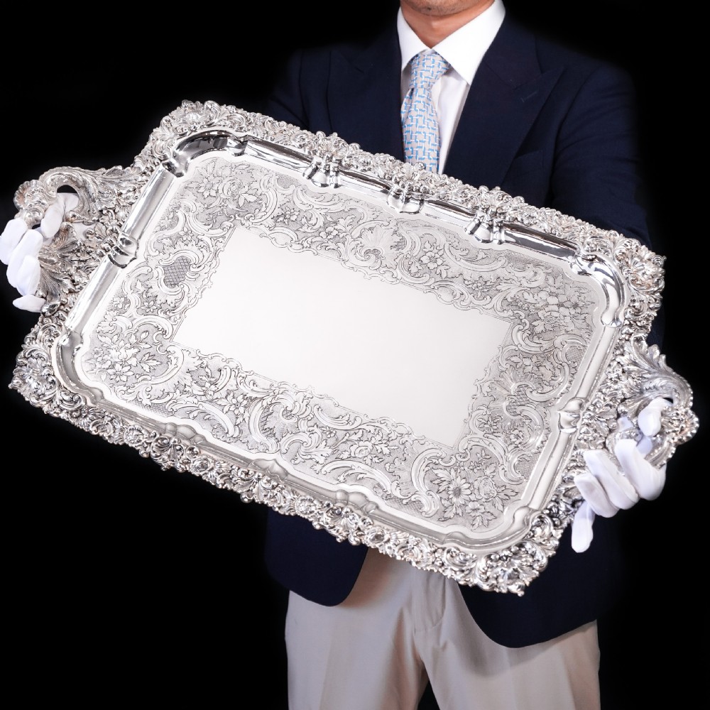 Large Antique Solid Silver Georgian Tray / Salver (70cm) With Chased Border - William Marshall, 1828 View XIII