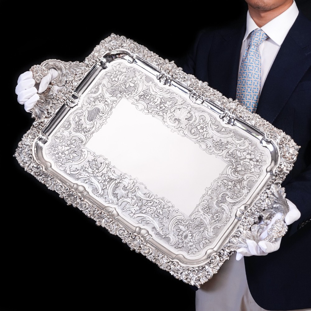 Large Antique Solid Silver Georgian Tray / Salver (70cm) With Chased Border - William Marshall, 1828 View XIV