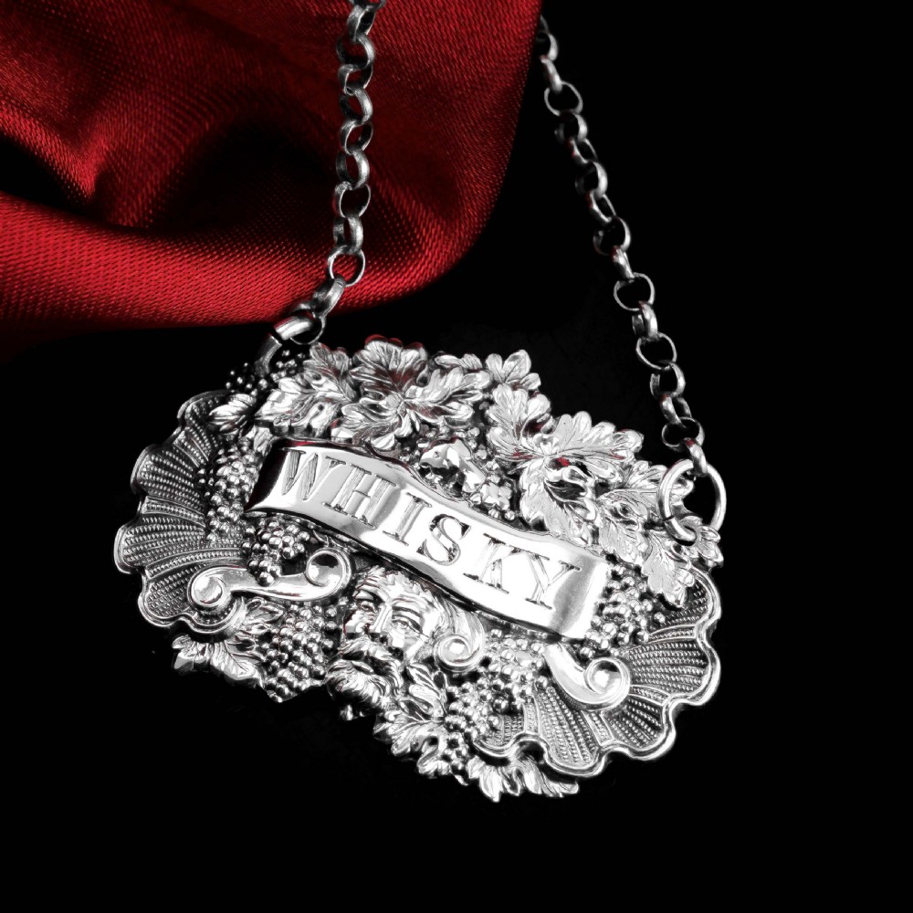 Antique Solid Silver Wine/Whisky Decanter Label with Bacchus & Vine Motifs - Taylor & Perry 1840 View VII