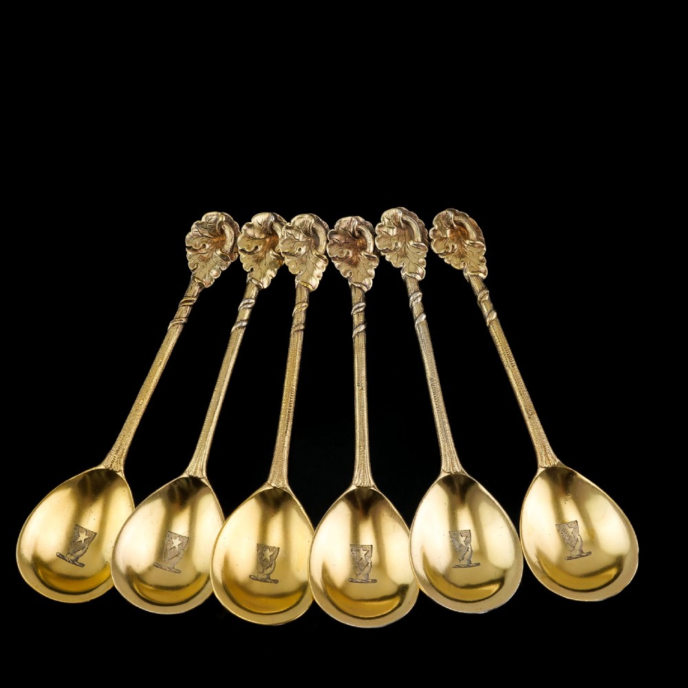 Antique Victorian Solid Silver Gilt Set of 6 Spoons in Naturalistic Leaf Design - Francis Higgins 1875 View II