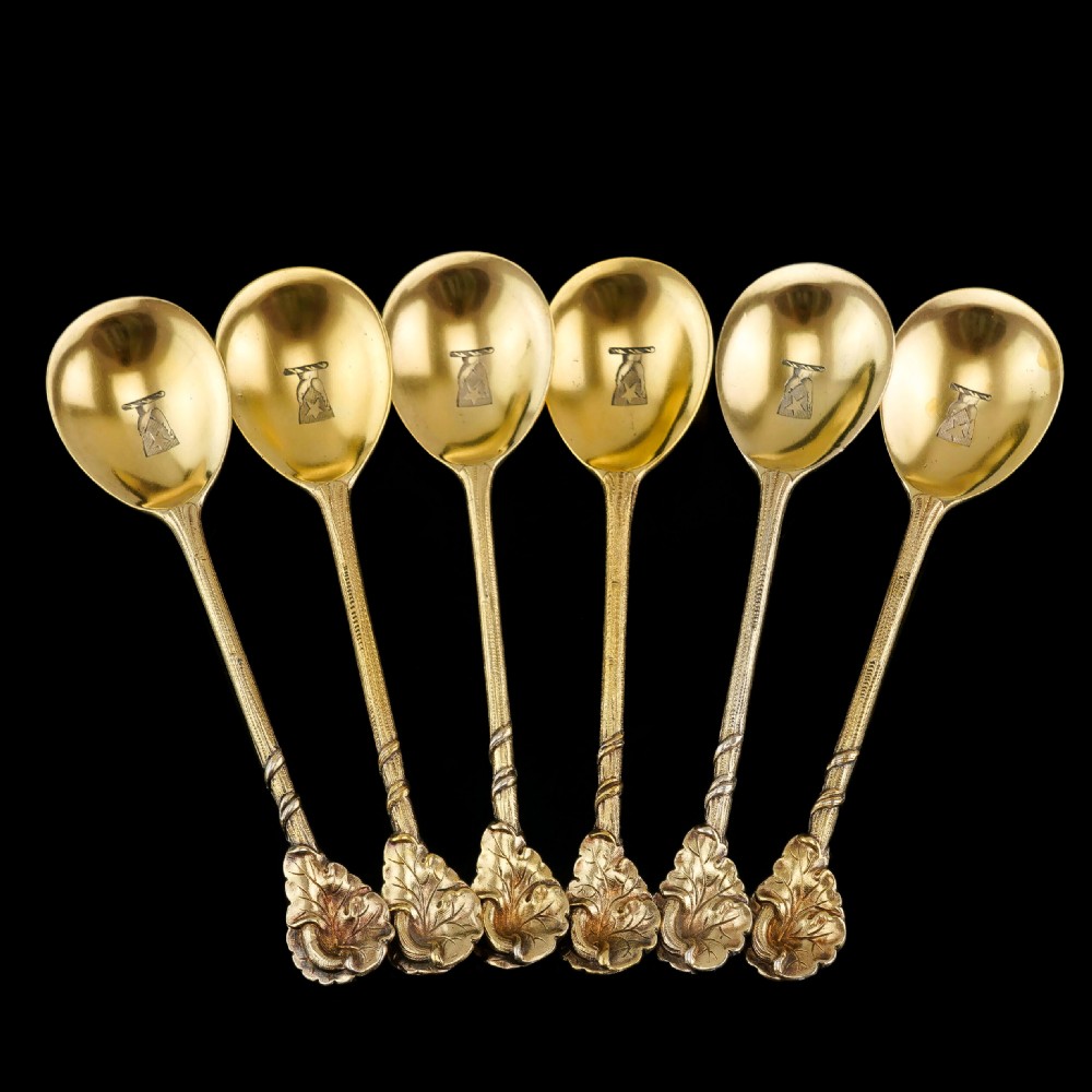 Antique Victorian Solid Silver Gilt Set of 6 Spoons in Naturalistic Leaf Design - Francis Higgins 1875 View V
