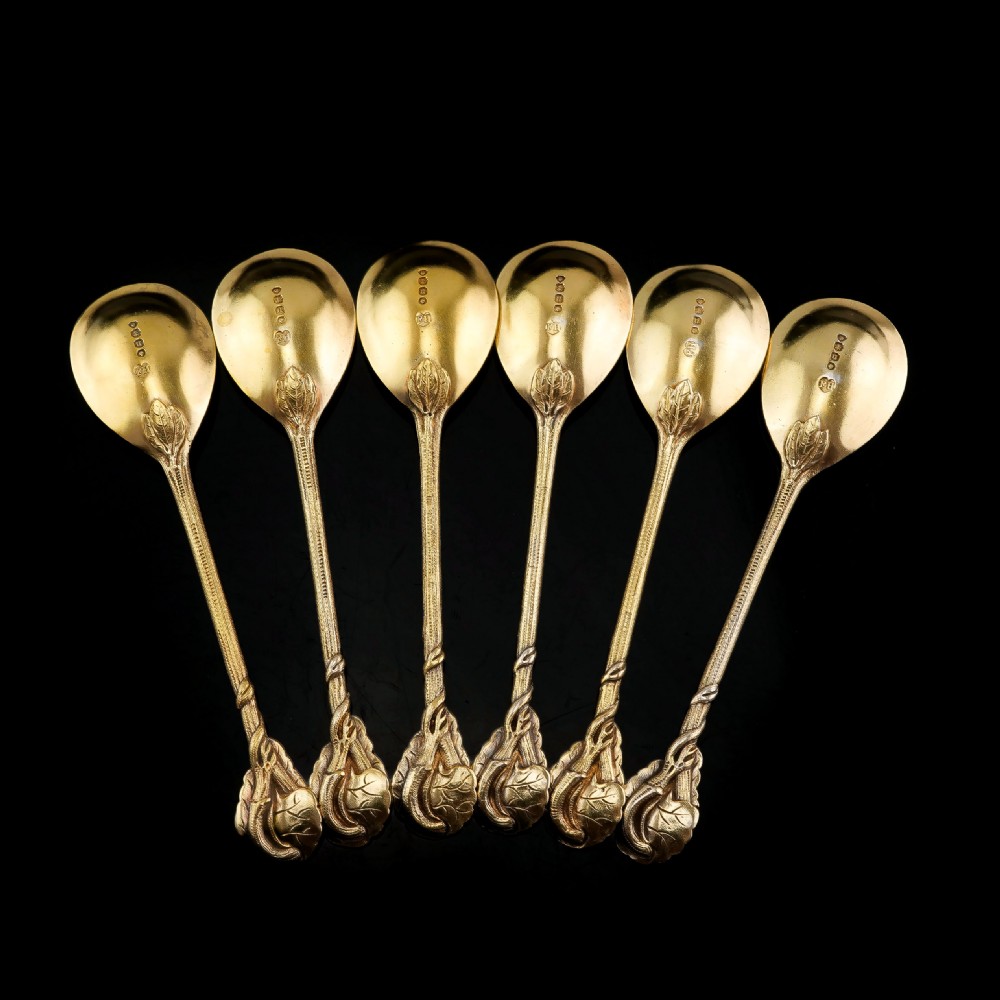 Antique Victorian Solid Silver Gilt Set of 6 Spoons in Naturalistic Leaf Design - Francis Higgins 1875 View VII