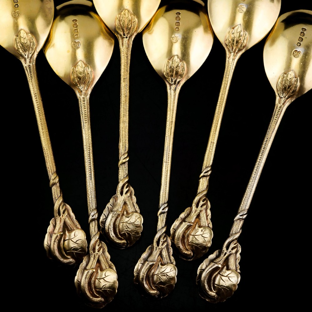 Antique Victorian Solid Silver Gilt Set of 6 Spoons in Naturalistic Leaf Design - Francis Higgins 1875 View X