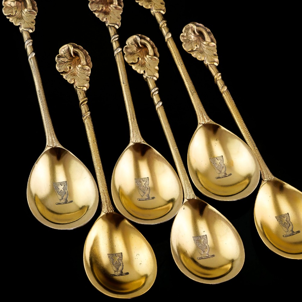 Antique Victorian Solid Silver Gilt Set of 6 Spoons in Naturalistic Leaf Design - Francis Higgins 1875 View XI