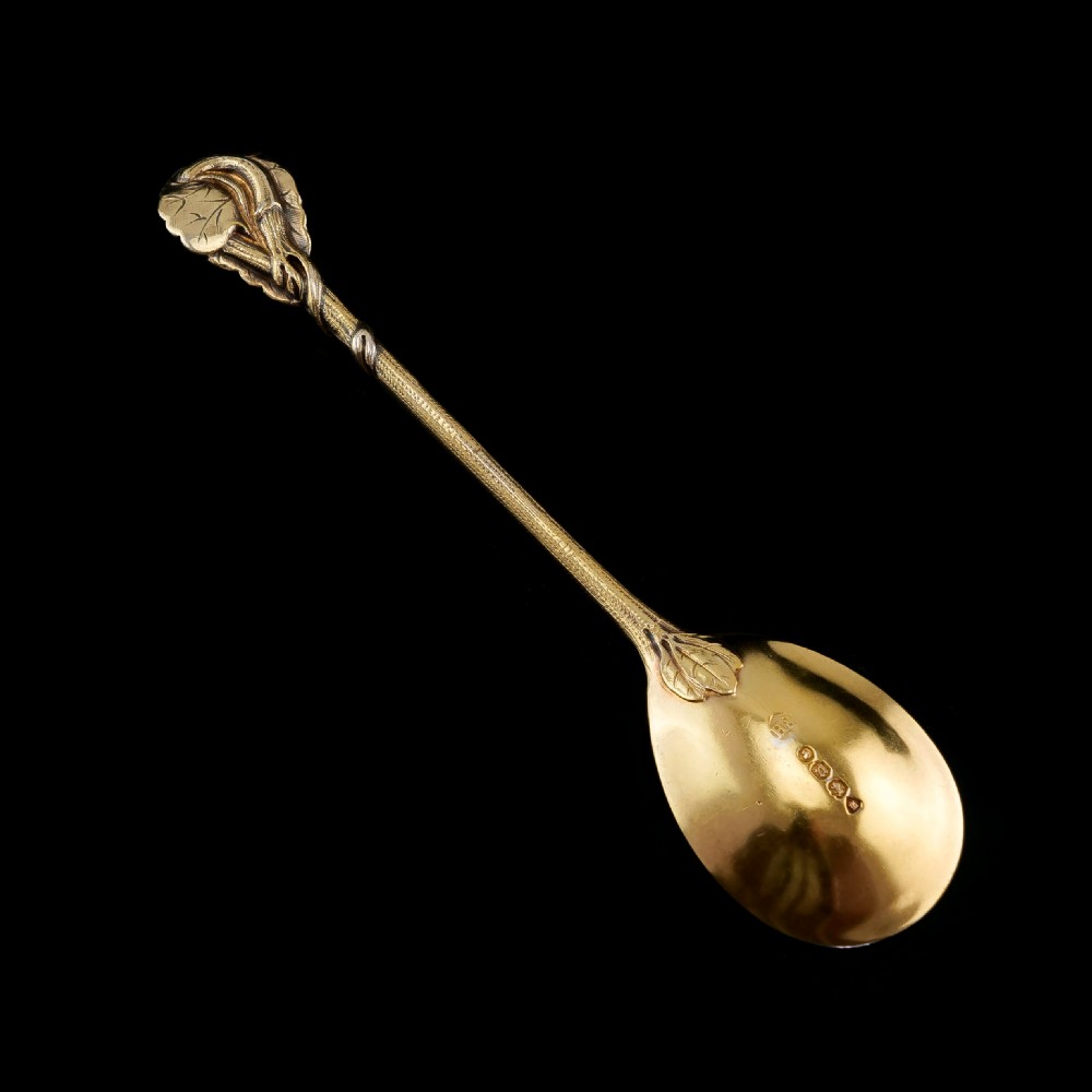 Antique Victorian Solid Silver Gilt Set of 6 Spoons in Naturalistic Leaf Design - Francis Higgins 1875 View XIII